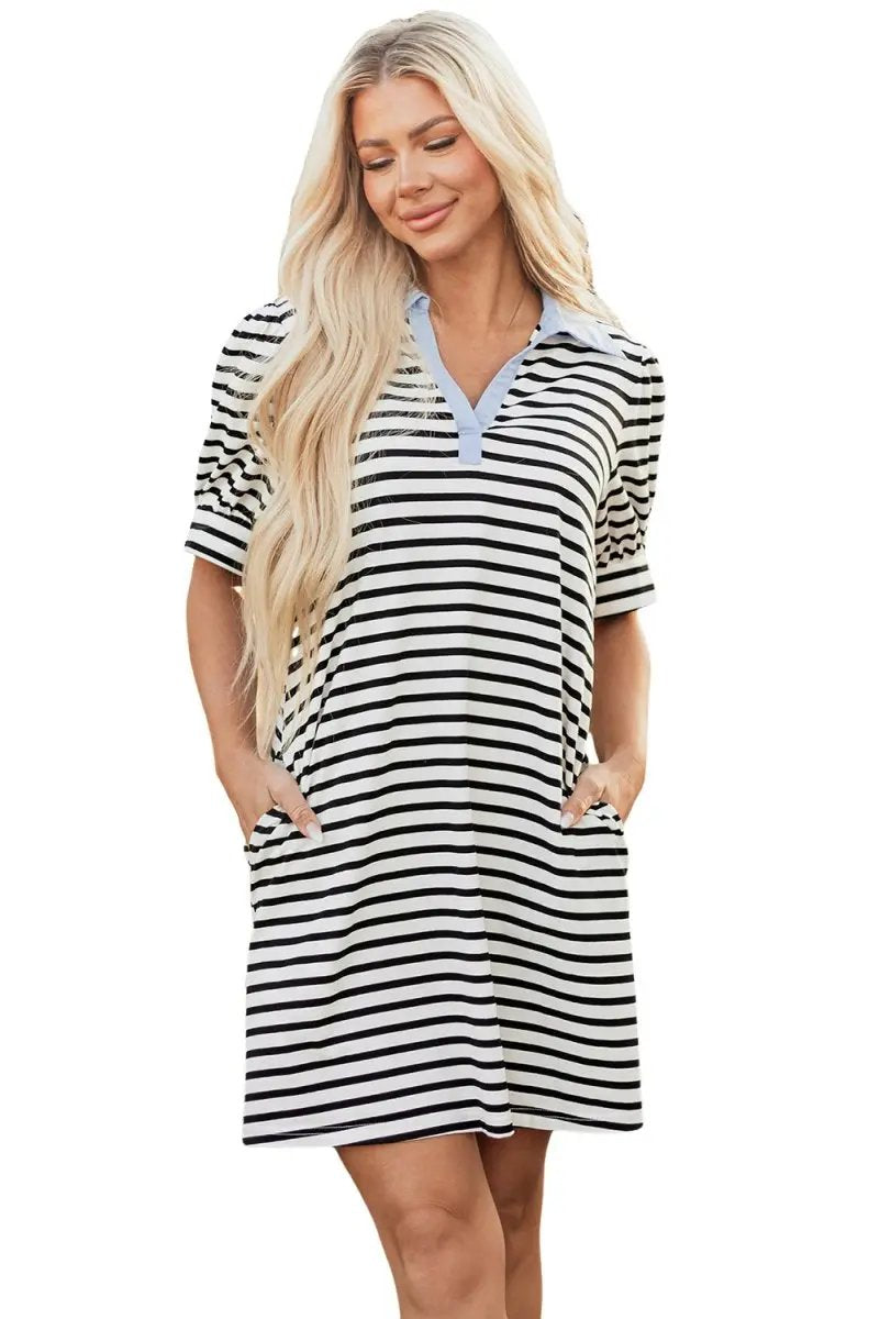 Black Stripe Contrast V Neck Collared Puff Sleeve T Shirt Mini Dress with Pockets - Love Salve